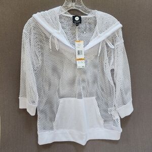 SWIMSUIT OR CASUAL COVERUP PS NWT JONES NY WHITE MESH WITH HOOD AND POCKET